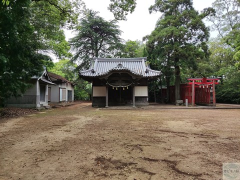 八幡神社の本殿と境内。静かな樹々に囲まれた地域の拠りどころ。