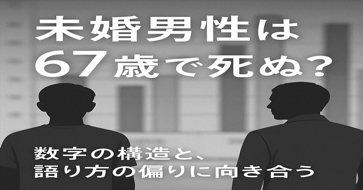 未婚男性の死亡年齢中央値67歳の統計に対する考察を示すグラフィック画像
