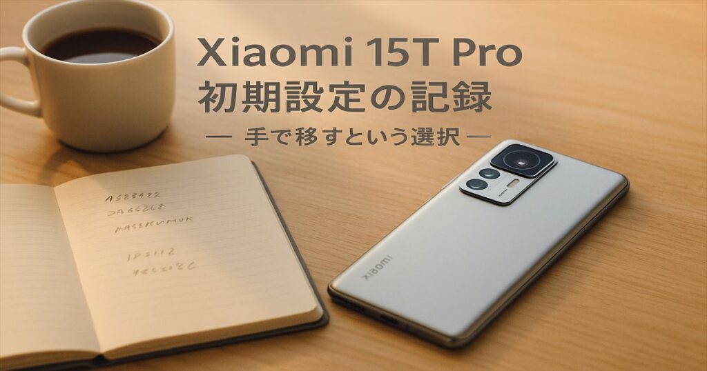 Xiaomi 15T Proの初期設定を手作業で進める記録。机の上にスマホとノートとコーヒーが並ぶ静かな構図。