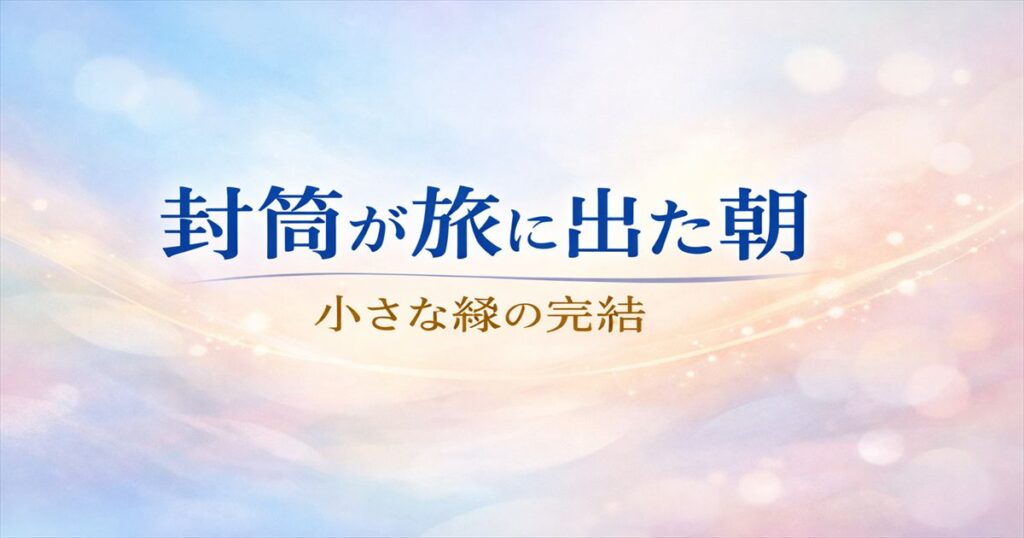 「封筒が旅に出た朝　小さな縁の完結」という文字を中心に配置した、淡い光の抽象背景のアイキャッチ画像