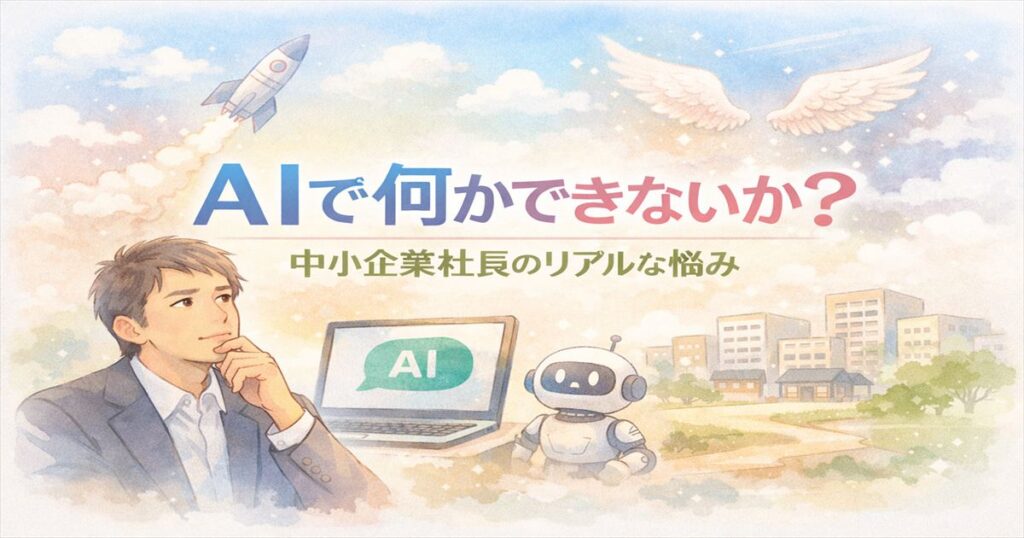 AIで何かできないかと悩む中小企業の社長と、地続きのAI活用を表現したイラスト