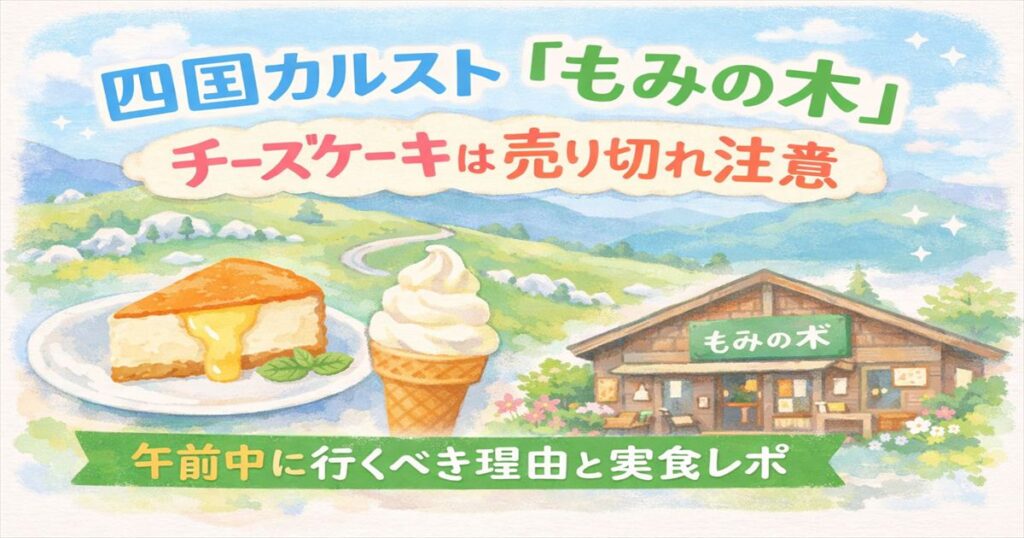 四国カルスト大野ヶ原のカフェ「もみの木」のチーズケーキと無添加アイスを淡いイラストで表現したアイキャッチ画像