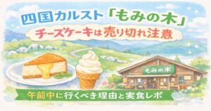 四国カルスト大野ヶ原のカフェ「もみの木」のチーズケーキと無添加アイスを淡いイラストで表現したアイキャッチ画像