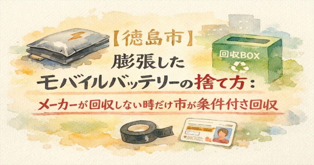 徳島市で膨張したモバイルバッテリーを処分する手順（メーカー回収優先、回収不可なら市が条件付き回収）