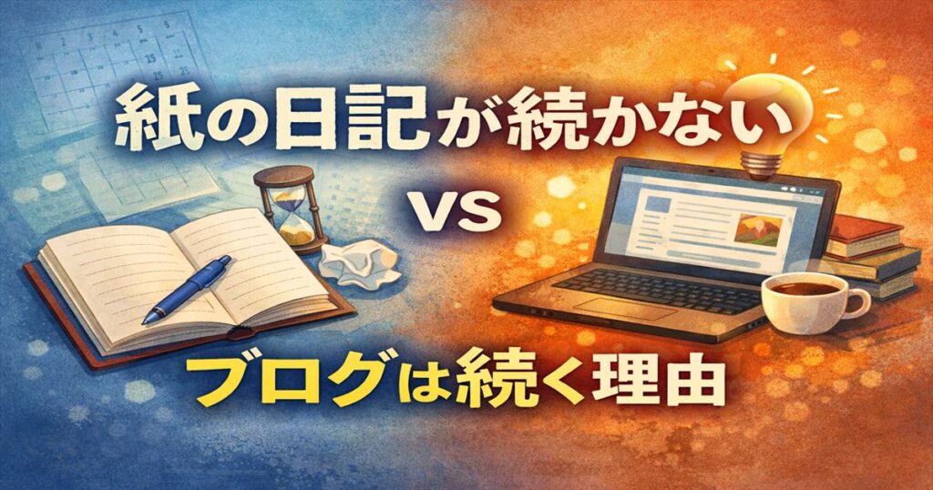 紙の日記が続かない理由と、ブログが続く理由を対比したアイキャッチ（紙の手帳とノートPCのイラスト、中央に文字）