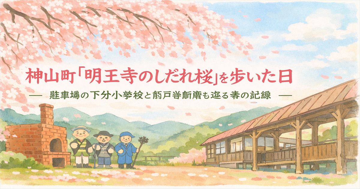 徳島県神山町・明王寺のしだれ桜と下分小学校、かかしや焼却炉をイメージした春のイラスト