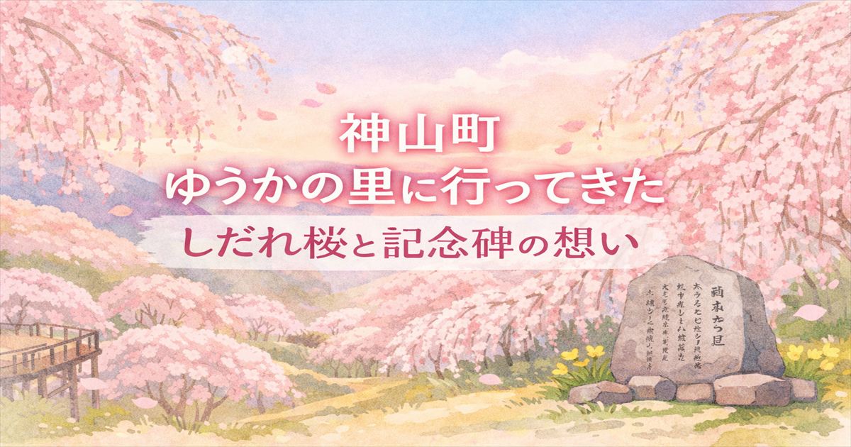 神山町ゆうかの里のしだれ桜と記念碑をイメージした淡いタッチの16対9アイキャッチ