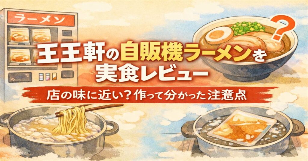 王王軒の自販機ラーメン実食レビューのアイキャッチ。自販機、ラーメン、麺を茹でる鍋、湯煎中のスープを淡いイラストで描いた16対9画像