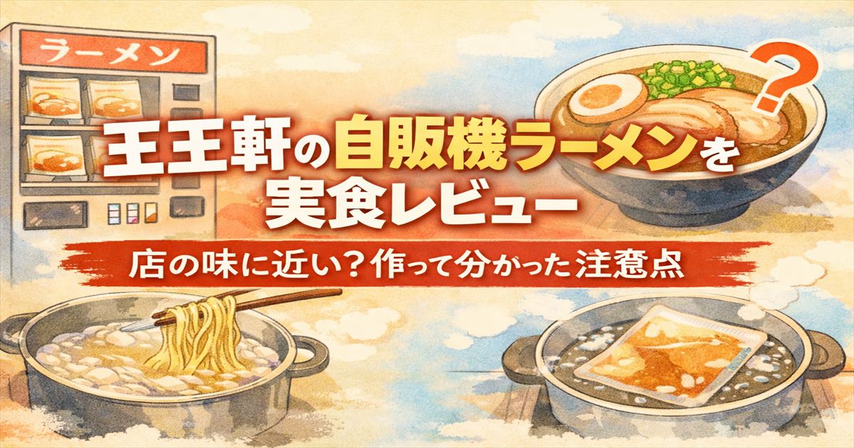 王王軒の自販機ラーメン実食レビューのアイキャッチ。自販機、ラーメン、麺を茹でる鍋、湯煎中のスープを淡いイラストで描いた16対9画像