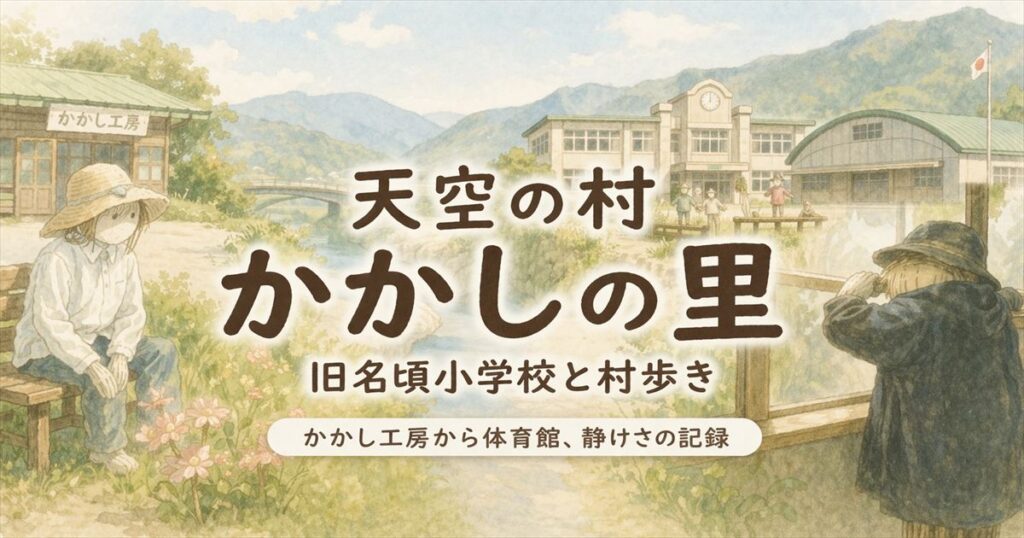 天空の村かかしの里をテーマにした、やわらかい淡色のブログ用アイキャッチ。山あいの村、橋、学校、かかしの気配を淡く表現し、中央に文字を配置した16対9デザイン。