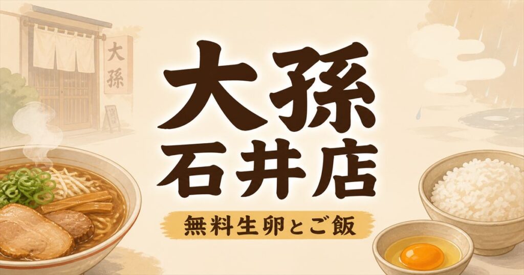 大孫石井店の文字とラーメン、ご飯、生卵を描いたブログ用アイキャッチ