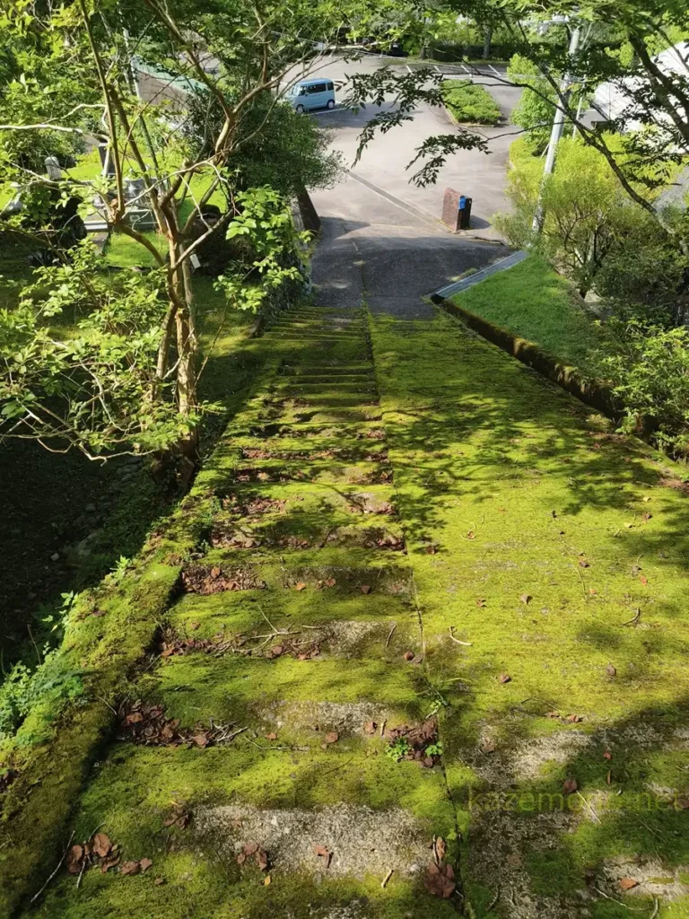 鎌瀬農村舞台から美術館側へ続く苔の付いた段差